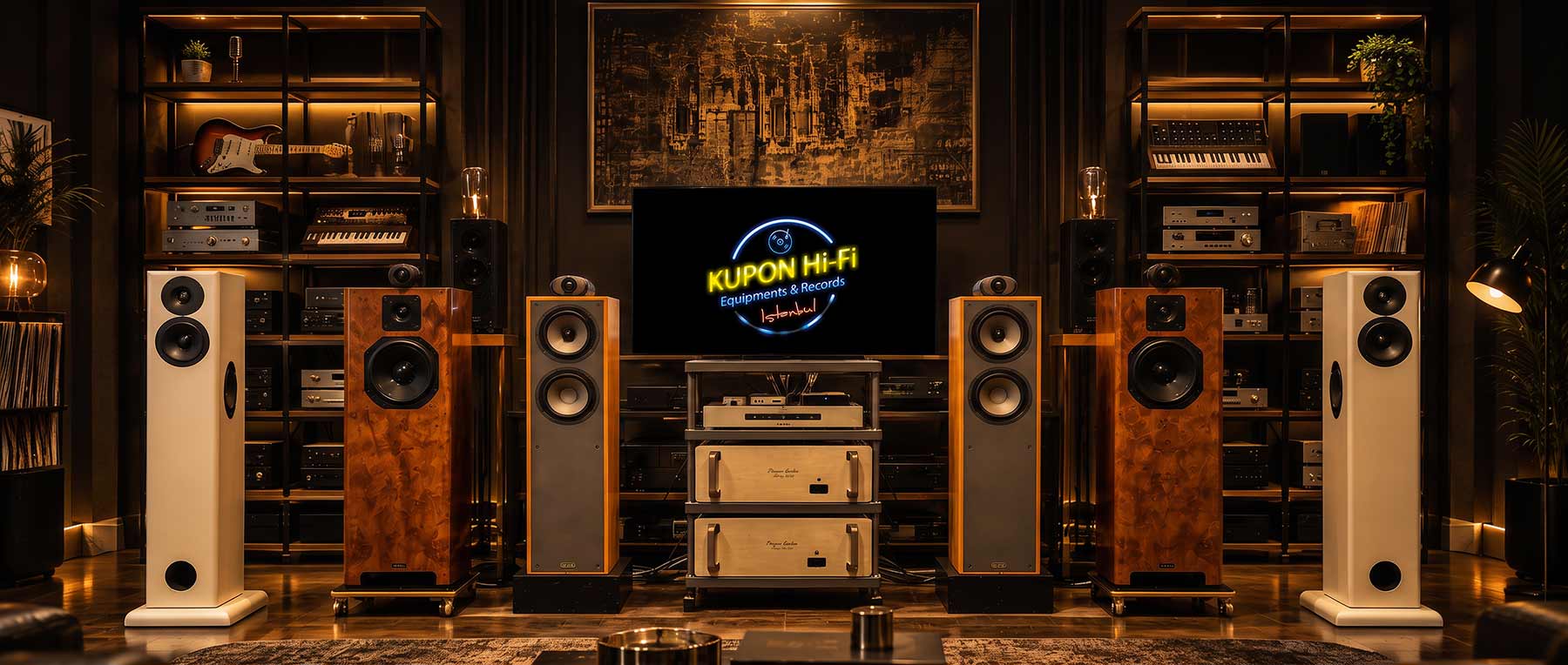 Sıcak ışıklarla aydınlanan Kupon Hi-Fi dinleme odası ve ses sistemi